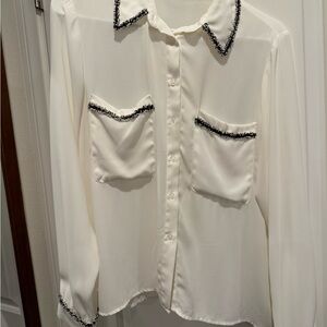 Elegant White Blouse with Black Trim semi sheer Zara